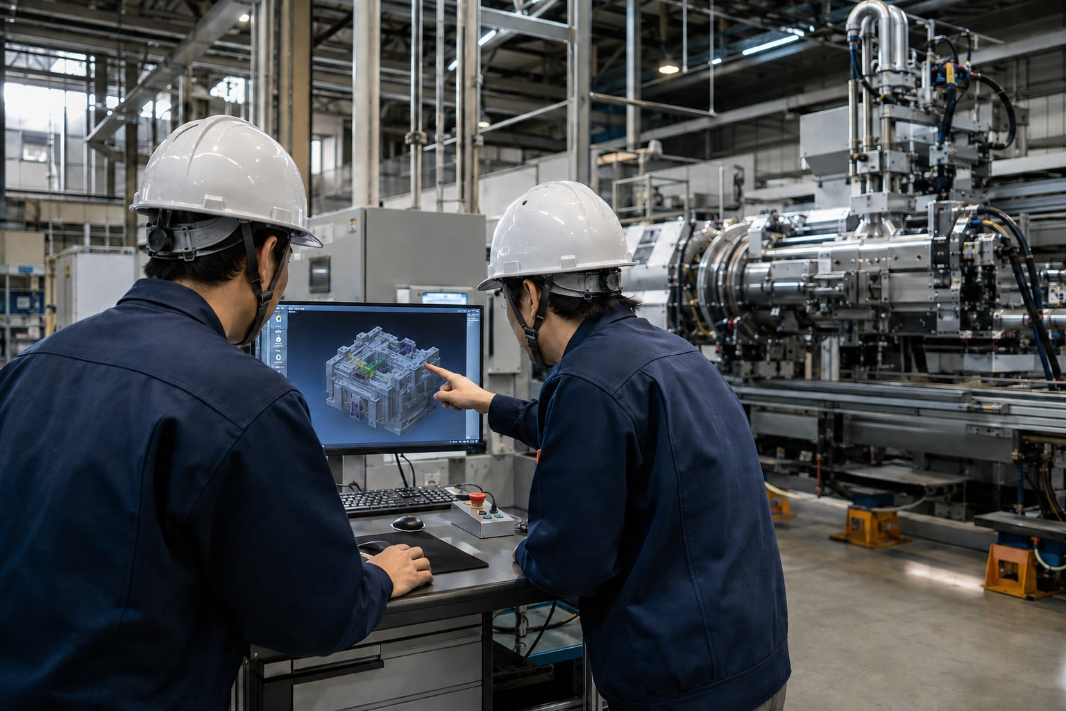 3D CADを確認しながら設備を検討する技術者